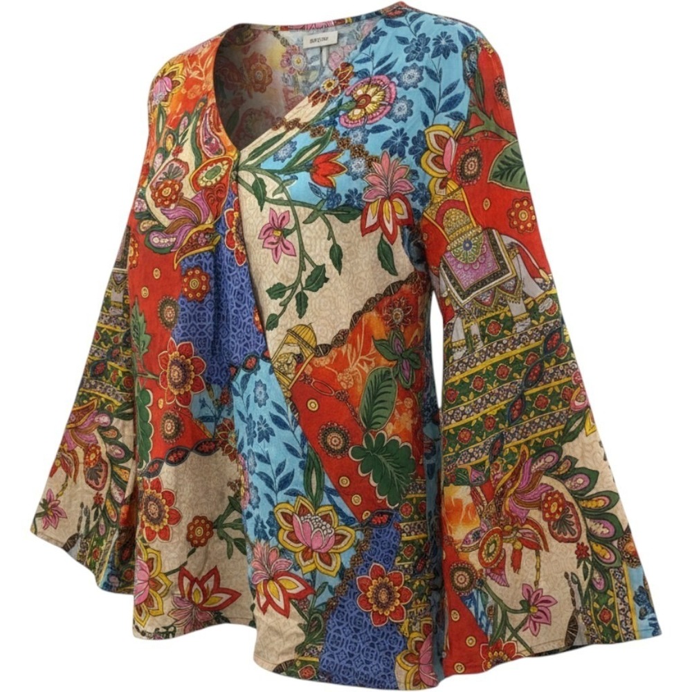 Peace + Love Owls Multi Color‎ Patchwork Floral Elephant Print Viscose Blouse L